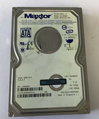 MAXTOR 6L080M0 HARDDRIVE 80GB SATA150HDD SER.3.5  CODE:BANC1G10