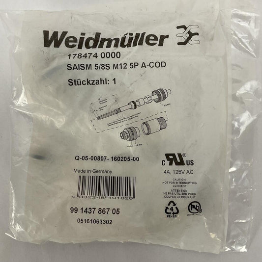 WEIDMULLER 1784740000 SAISM 5/8S M12 5P A-COD CONNECTOR 125VAC 4A