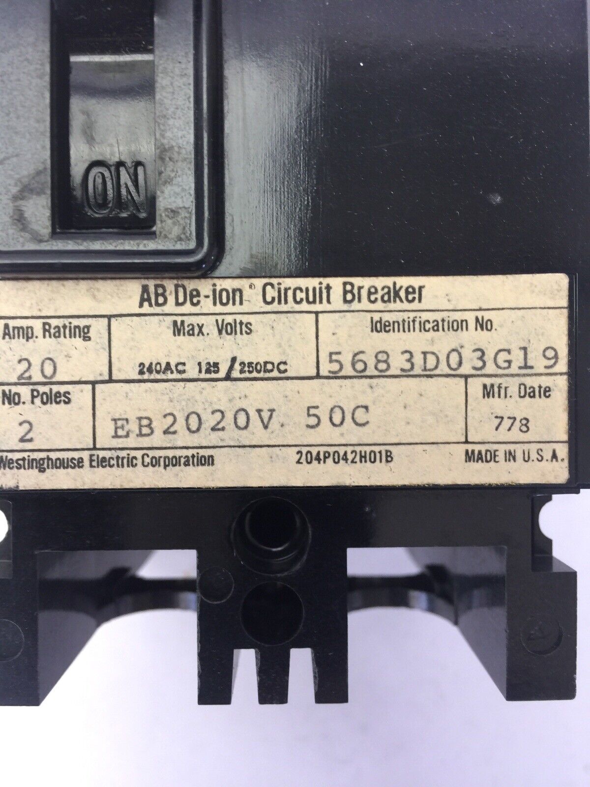 WESTINGHOUSE EB2020V CIRCUIT BREAKER 20AMP 2POLE 240VAC 125/250VDC 5683D03G19