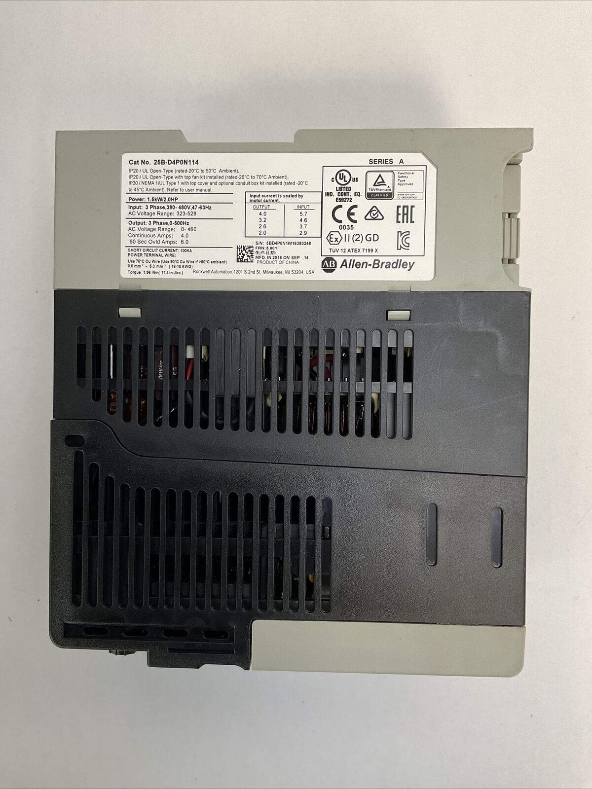 ALLEN BRADLEY 25B-D4P0N114 AC DRIVE SER A FRN 5.001 OUTPUT 0-460VAC