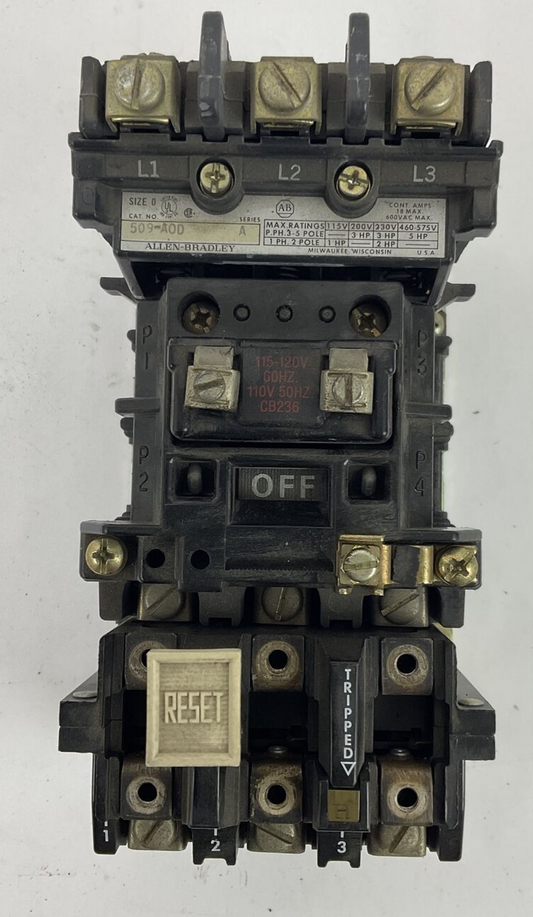 ALLEN BRADLEY509-AOD STARTER SER.A  600VAC 5HP CB236 120V COIL NO HEATERS