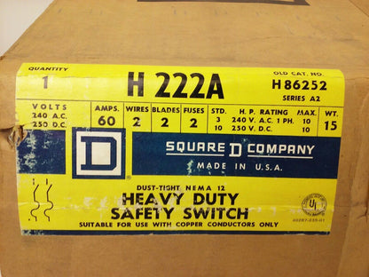 SQ.D H222A, SER. A2, H.D. SAFETY SWITCH, 240VAC/250VDC, 60A, 2P, FUSIBLE, NEW