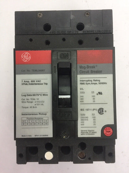 GE TEML36007 MAG-BREAK CIRCUIT BREAKER 7AMP 600VAC 3 POLE INSTANTANEOUS TRIP