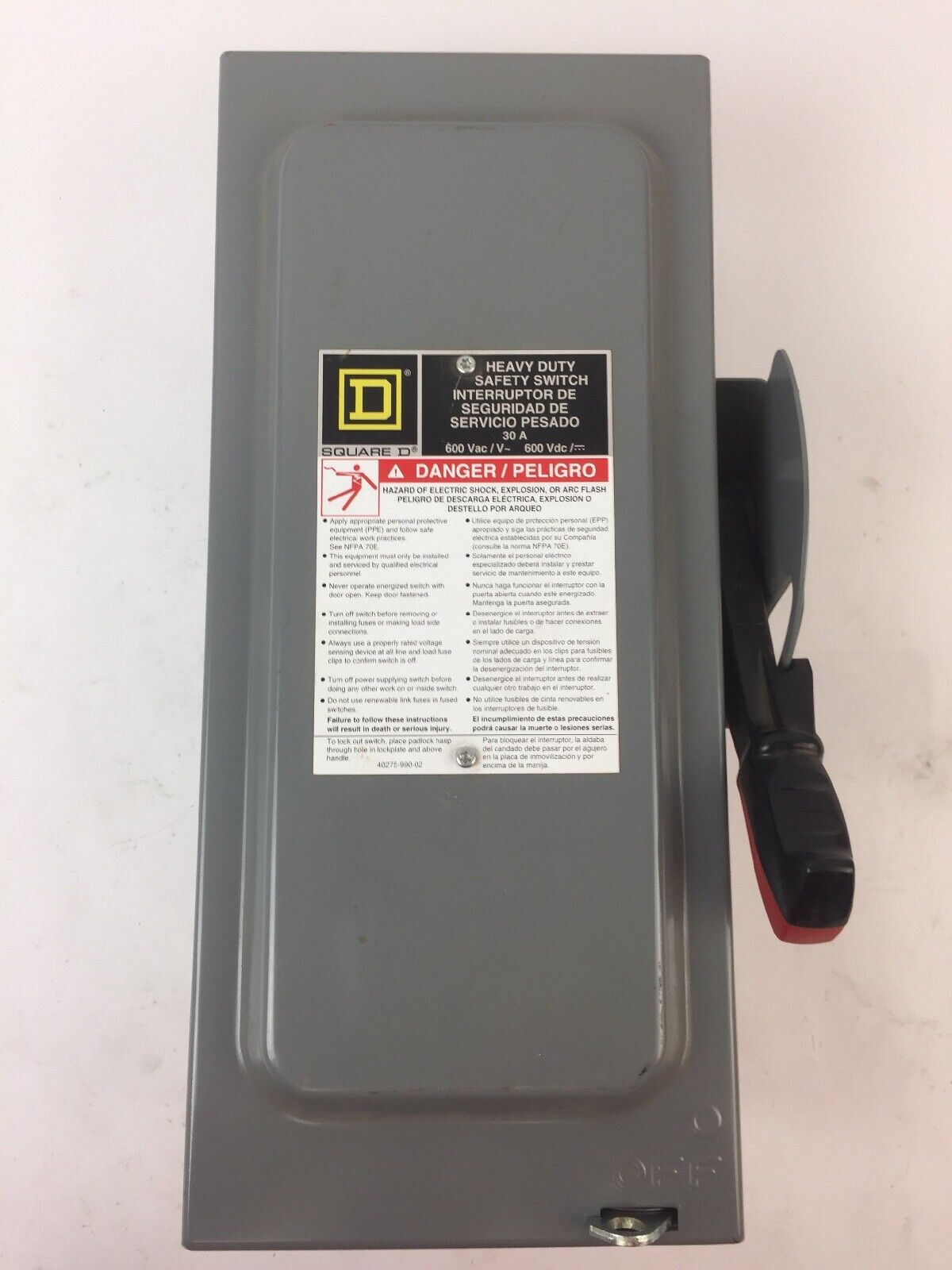 SQUARE D HU361 HEAVY DUTY SAFETY SWITCH 600VAC 600VDC 30AMP 30HP NON FUSIABLE