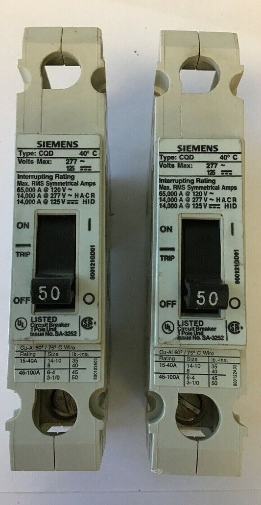 SIEMENS CQD150 CIRCUIT BREAKER 50A 277VAC 125VDC 1POLE***LOTOF2***