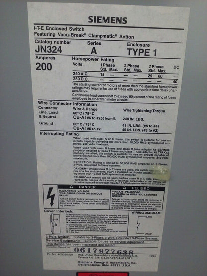 SIEMENS JN324 FUSIBLE SAFETY SWITCH 2P, 1PH, 200A, 240V, 15HP, TYPE 1 INDOOR