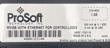 PROSOFT MVI56 WITH ETHRNET FOR CONTROLLOGIX F/W REV 1.03 3mA@24VDC 800mA@5.1VDC