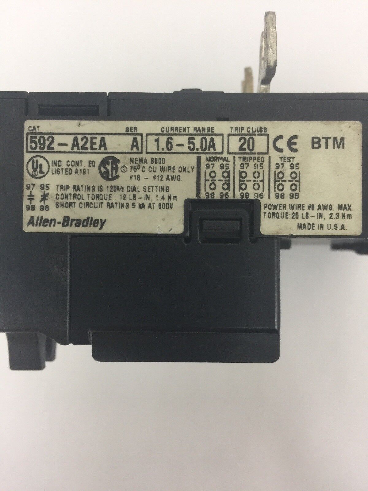 ALLEN BRADELY 592-A2EA OVERLOAD RELAY SER A CURRENT RANGE 1.6-5.0A TRIP CLASS 20