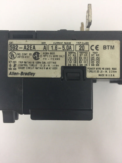ALLEN BRADELY 592-A2EA OVERLOAD RELAY SER A CURRENT RANGE 1.6-5.0A TRIP CLASS 20