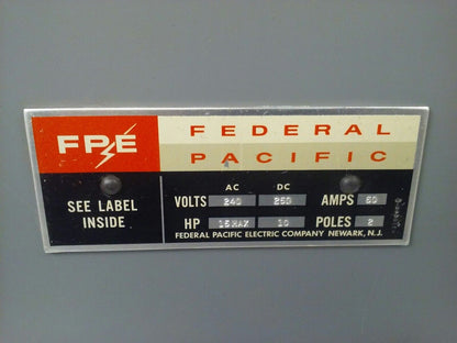 FPE 1622 1622R TYPE A FUSIBLE SAFETY SWITCH 3P, 60A, 240V, 3 WIRE, 2 BLADES