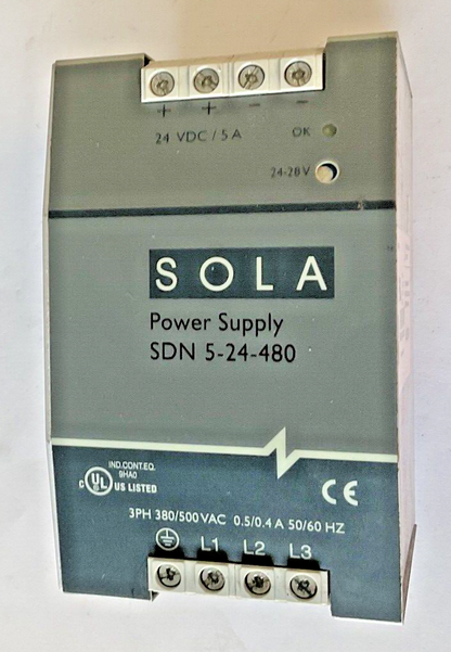SOLA/HEVI-DUTY SDN5-24-480 POWER SUPPLY 3PH 380/500VAC 0.5/0.4A 50/60HZ 24VDC 5A