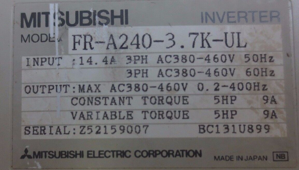 MITSUBISHI FR-A240-3.7K-UL - FREQROL-A200 INVERTER - "FOR PARTS or NOT WORKING"