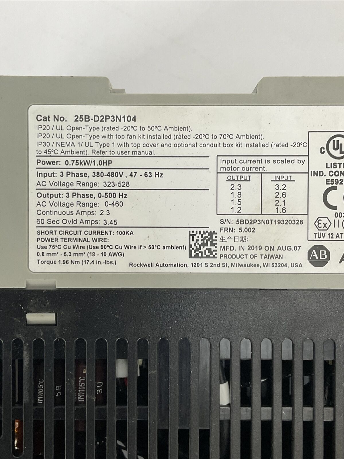 ALLEN BRADLEY 25B-D2P3N104 AC DRIVE SER A FRN 5.002 OUTPUT 0-460VAC INPUT