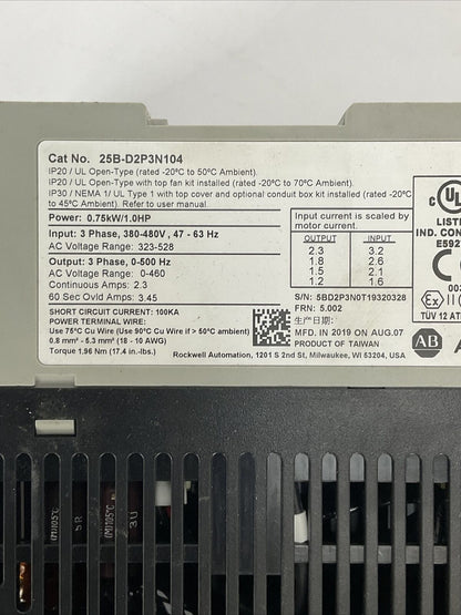 ALLEN BRADLEY 25B-D2P3N104 AC DRIVE SER A FRN 5.002 OUTPUT 0-460VAC INPUT
