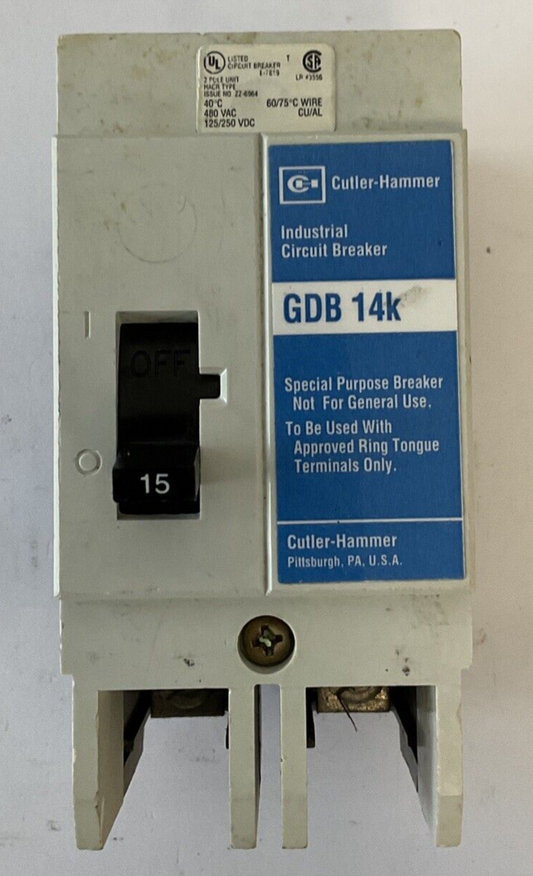 WESTINGHOUSE GDB 14K CIRCUIT BREAKER 15A 480VAC 2POLE 50/60HZ GDB2015