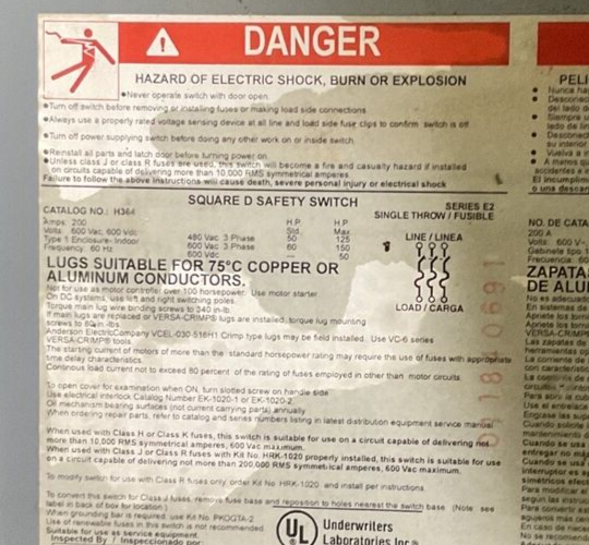 SQUARE D H364 SAFETY SWITCH SER.E2 200A TYPE 1 600VAC/DC 3PH