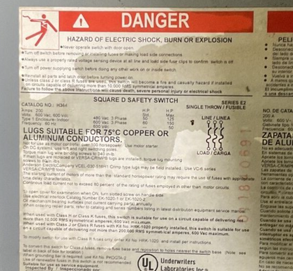 SQUARE D H364 SAFETY SWITCH SER.E2 200A TYPE 1 600VAC/DC 3PH