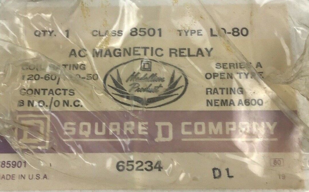 SQUARE D 8501 LO-80 AC MAGNETIC RELAY, COIL 120-60/110-50 SER.A NEMA A600