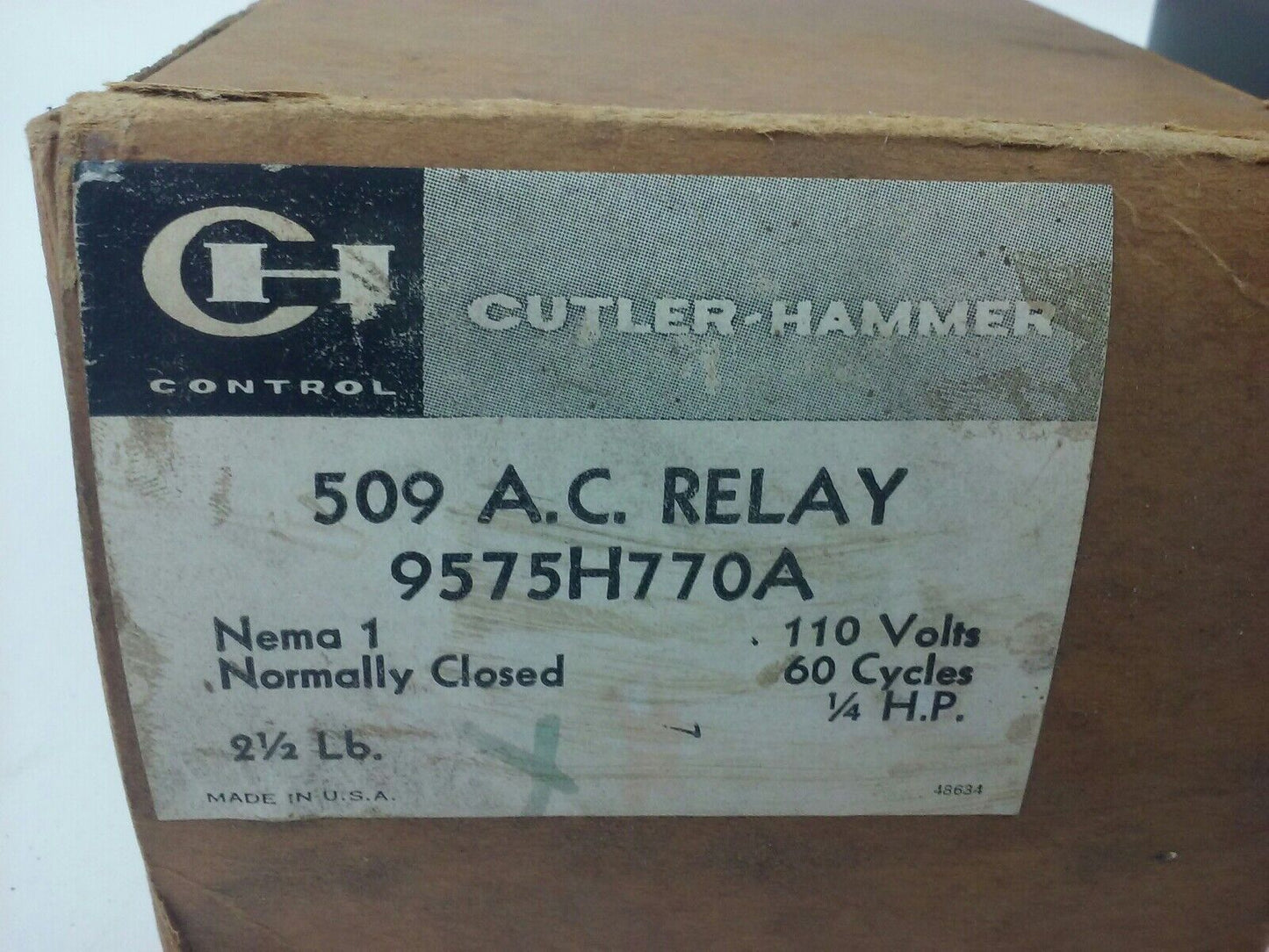 CUTLER HAMMER, 9575H770A, 509- A.C. RELAY, NEMA 1, 110V, 60 HZ, 1/4 H.P., NEW