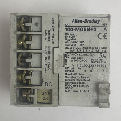 ALLEN BRADLEY 100-MO9N*3 SER A CONTACTOR 600VAC 12A 5HP COIL 24VDC