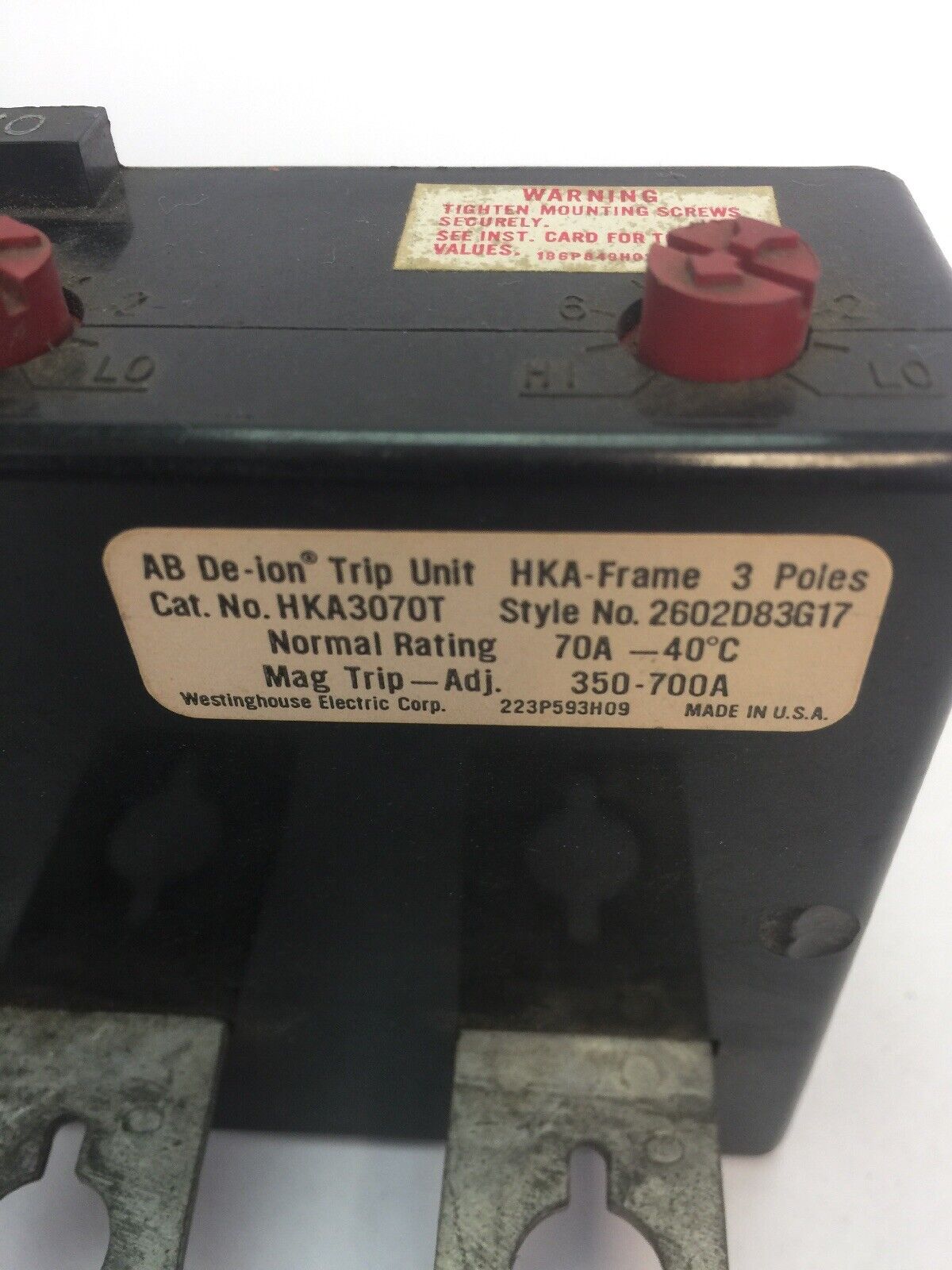 WESTINGHOUSE HKA3070T 70A TRIP UNIT 3POLE MAG TRIP-ADJ 350-700A