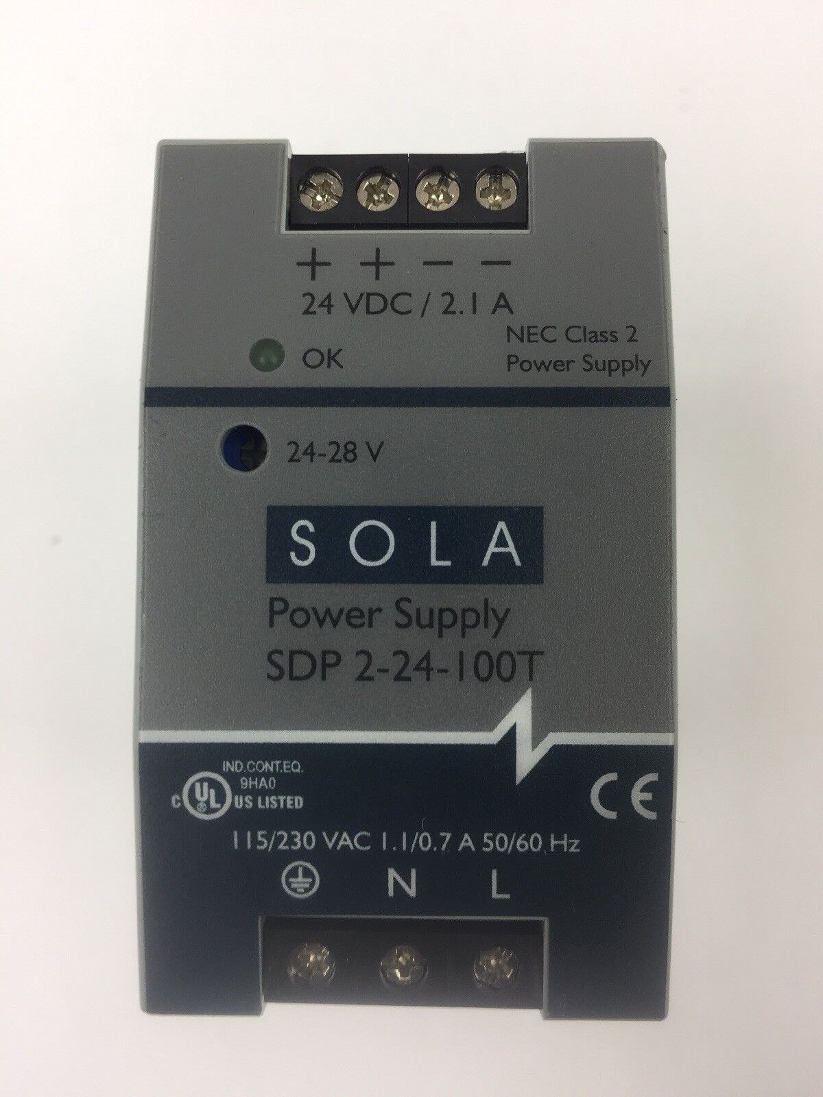 SOLA SDP 2-24-100T POWER SUPPLY INPUT 115/230 VAC 1.1/0.7 A OUTPUT 24 VDC 2.1 A