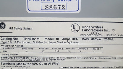 GENERAL ELECTRIC THN3361M, SAFETY SWITCH, 30A, 600VAC, 250V 1, 5, 12 ENCLOSURE