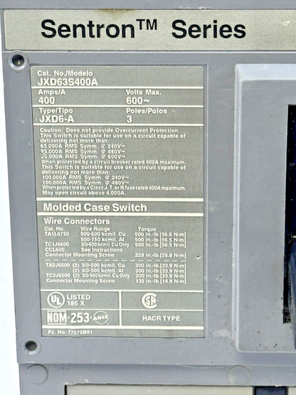 SIEMENS - JXD63S400A - SENTRON MOLDED CASE SWITCH - 3 POLE/400A/600VAC/JXD6-A