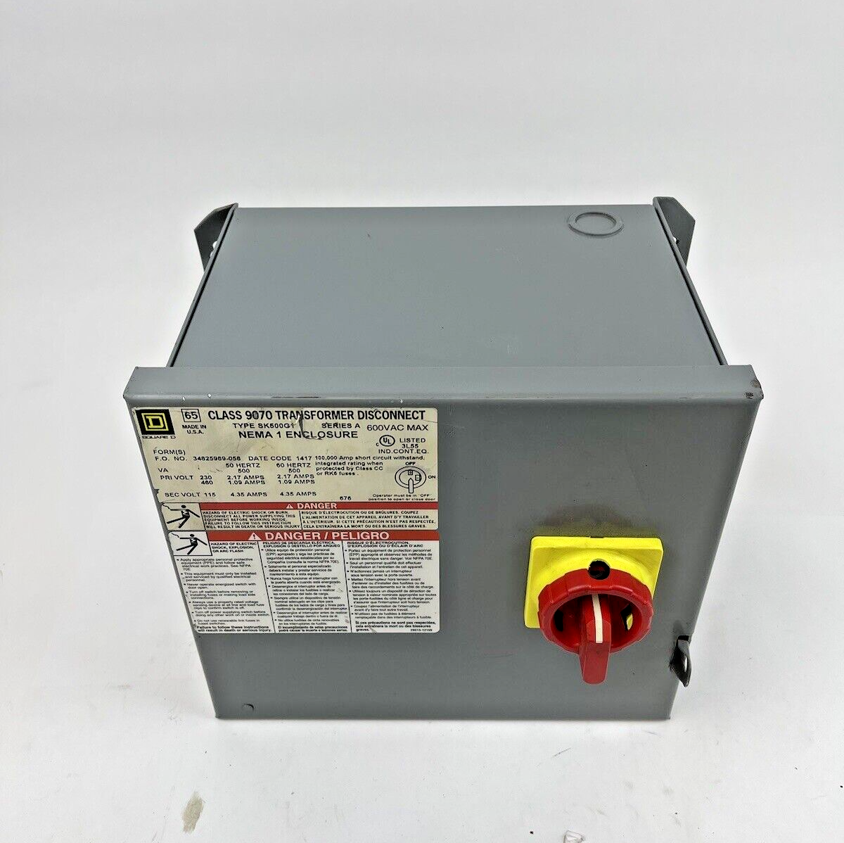 SQUARE D - SK500G1 - CLASS 9070 TRANSFORMER DISCONNECT - 9070TF500D1 TRANSFORMER