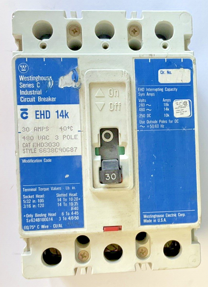 WESTINGHOUSE EHD3030 CIRCUIT BREAKER EHD 14K 3POLE 30A 480VAC SER.C