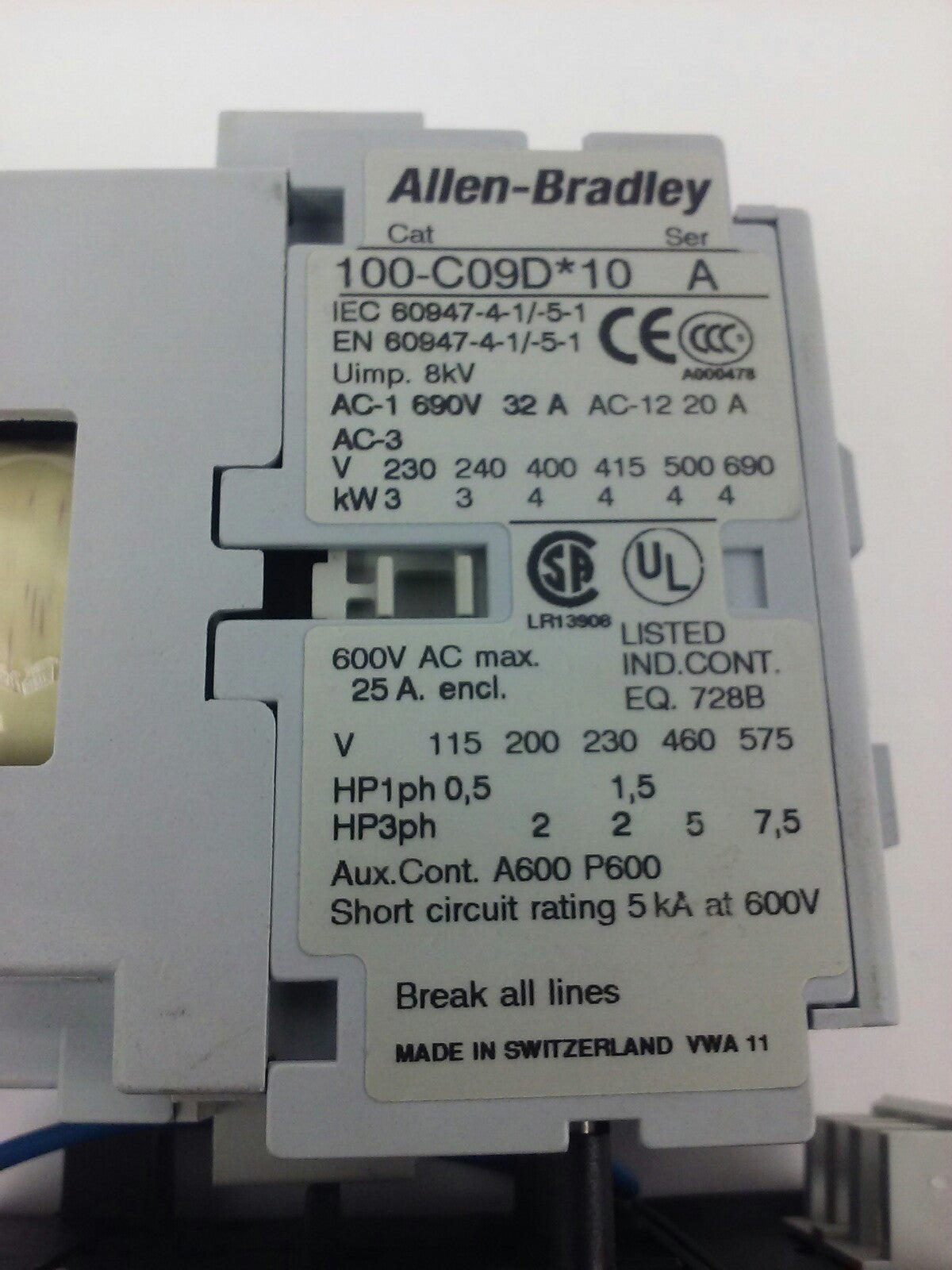 ALLEN BRADLEY 100-C09D*10 SER. A,CONTACTOR,3PH,600V,25A,24VDC COIL ,W/ 193-TAB10