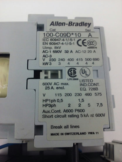 ALLEN BRADLEY 100-C09D*10 SER. A,CONTACTOR,3PH,600V,25A,24VDC COIL ,W/ 193-TAB10