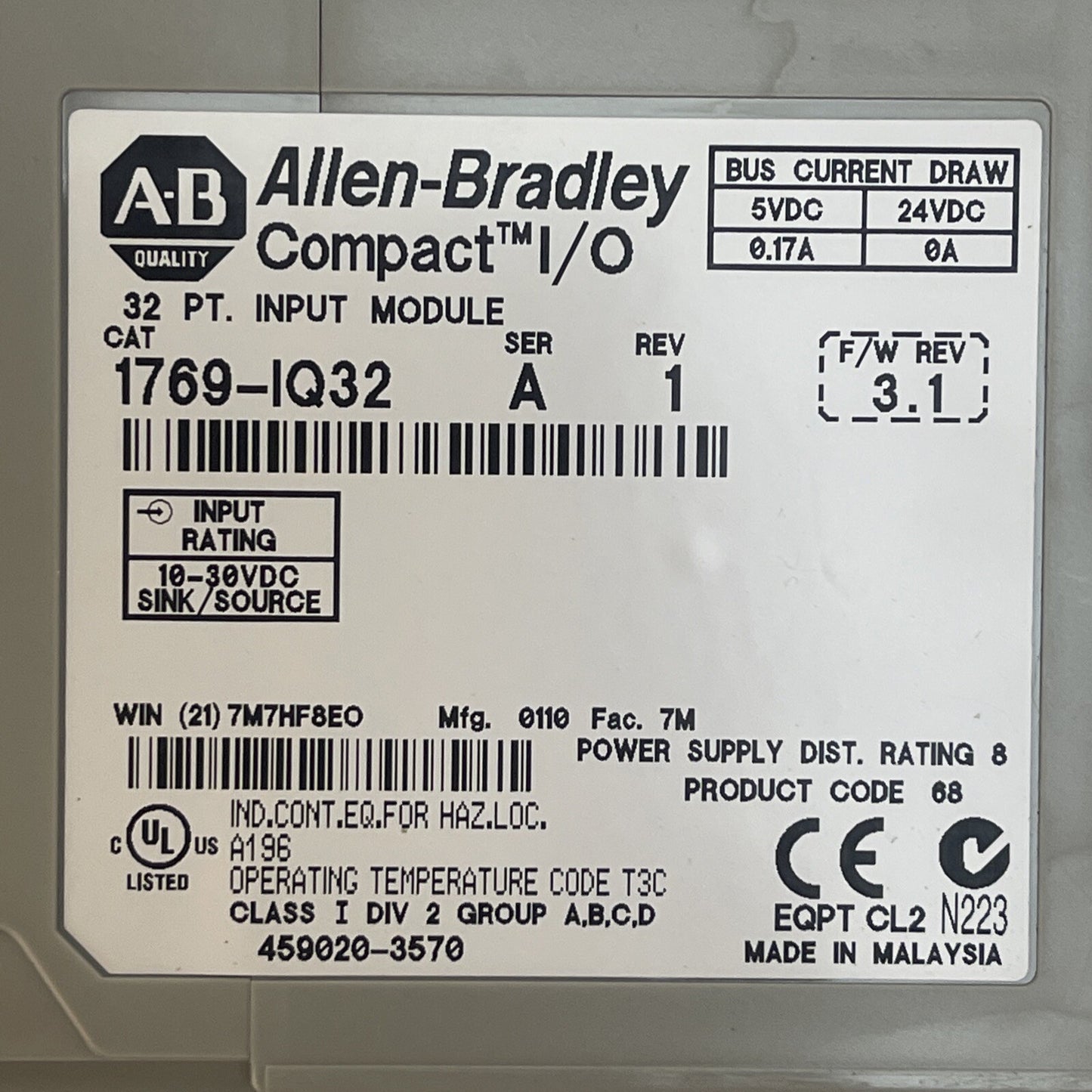 ALLEN BRADLEY 1769-IQ32 COMPACT I/O 32 PT INPUT MODULE SER A REV 1 F/W REV 3.1