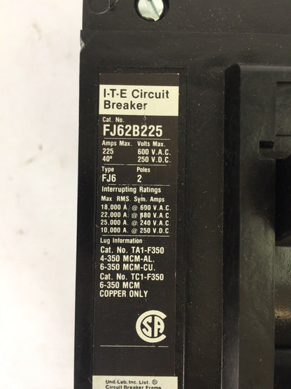 ITE SIEMENS FJ62B225 CIRCUIT BREAKER 600VAC 250VDC 225AMP 2POLE