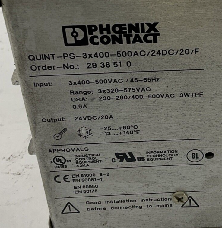 PHOENIX CONTACT QUINT-PS-3X400-500AC/24DC/20/F POWER SUPPLY 24VDC 20A