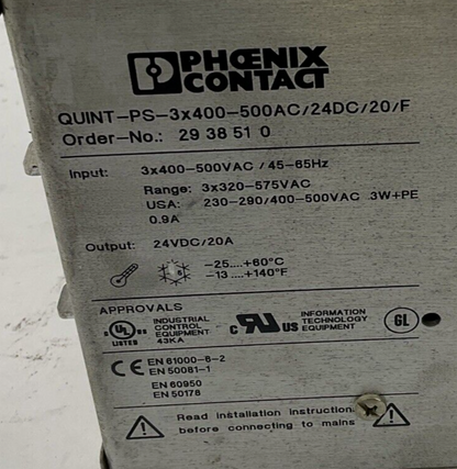 PHOENIX CONTACT QUINT-PS-3X400-500AC/24DC/20/F POWER SUPPLY 24VDC 20A