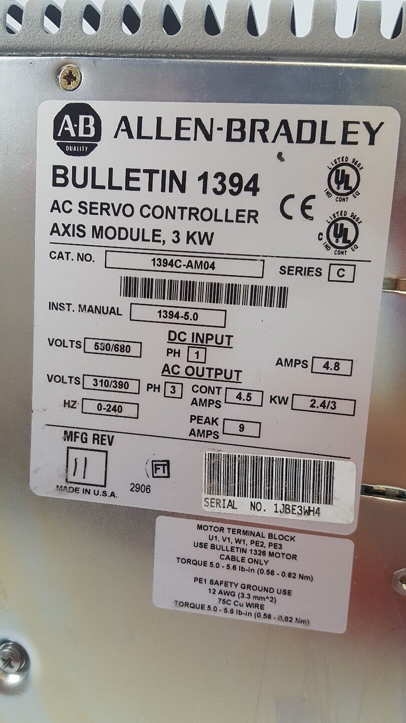 Allen Bradley 1394C-AM04 Ser C 3 KW AC SERVO CONTROLLER AXIS MODULE