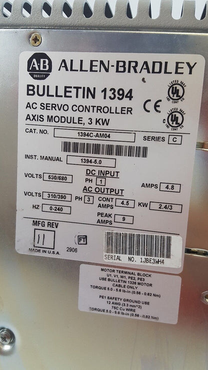Allen Bradley 1394C-AM04 Ser C 3 KW AC SERVO CONTROLLER AXIS MODULE