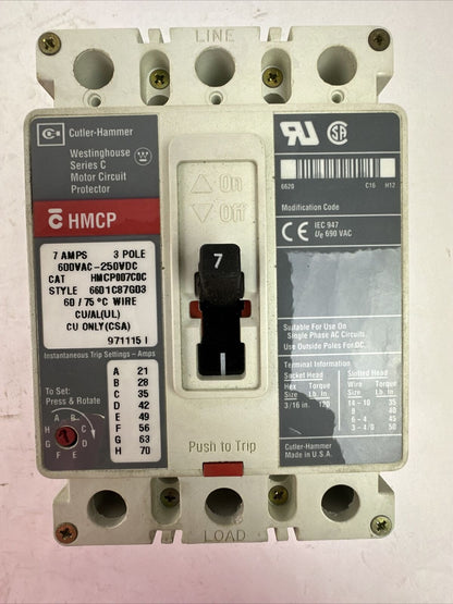 CUTLER HAMMER HMCP007C0C SER C 3P 7AMP 600VAC 250VDC 6601C87G03 MOTOR CIRCUIT