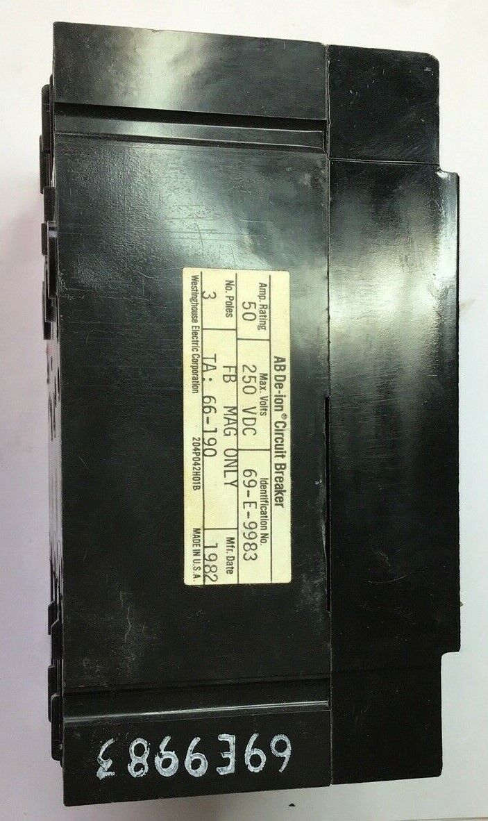 WESTINGHOUSE 69E9983 50A  FB CIRCUIT BREAKER 250VDC 3POLE