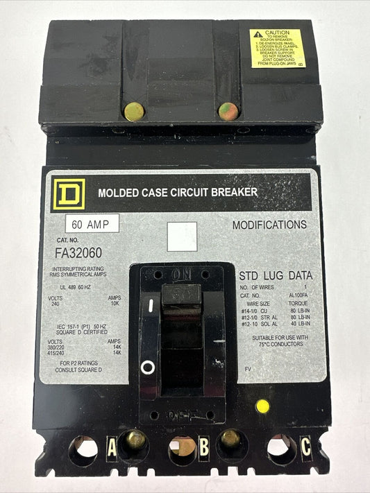 SQUARE D FA32060 MOLDED CASE CIRCUIT BREAKER 240V 60AMP 3POLE