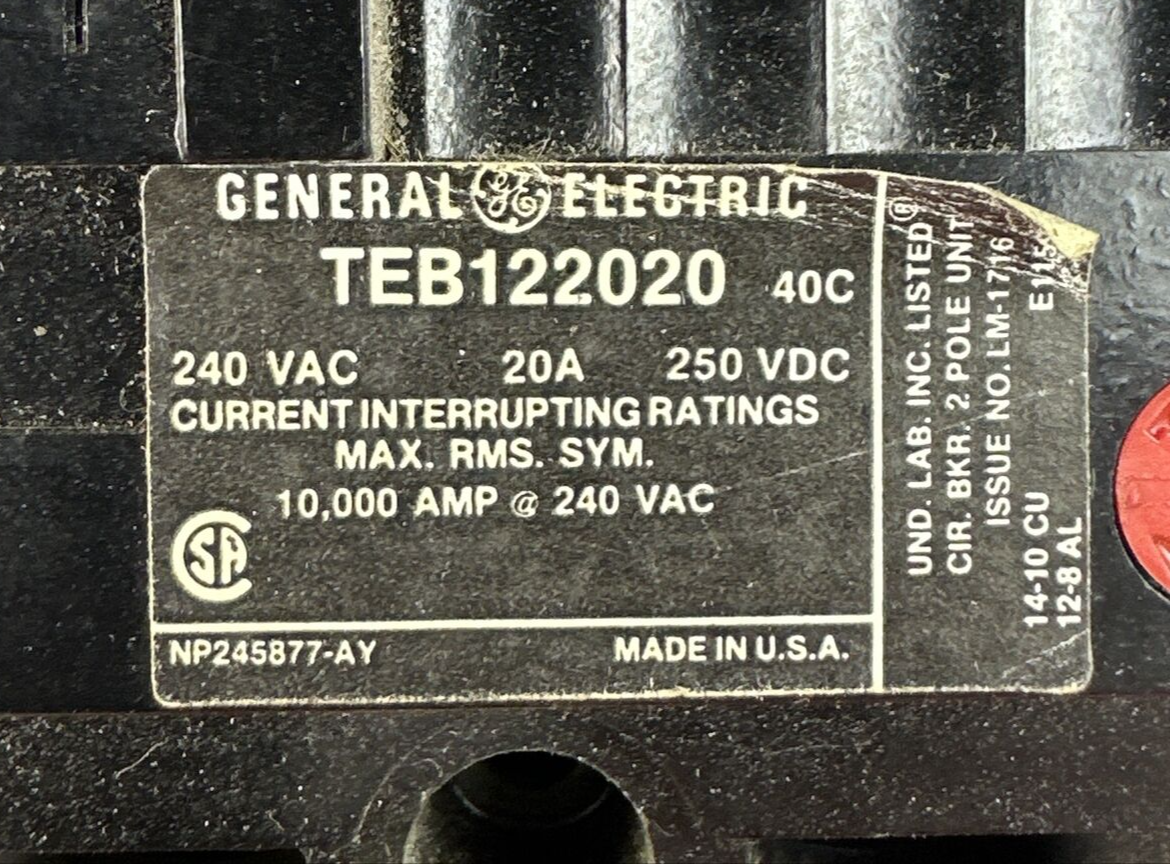 GE TEB122020 CIRCUIT BREAKER 250VDC 240VAC 20A 2POLE