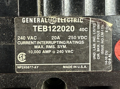 GE TEB122020 CIRCUIT BREAKER 250VDC 240VAC 20A 2POLE