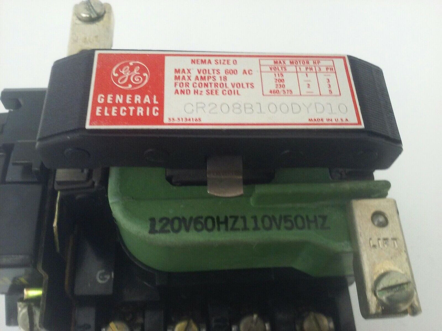 GENERAL ELECTRIC CR208B100DYD10 STARTER NEMA SIZE 0 600V 18A 3PH 5HP 120V COIL