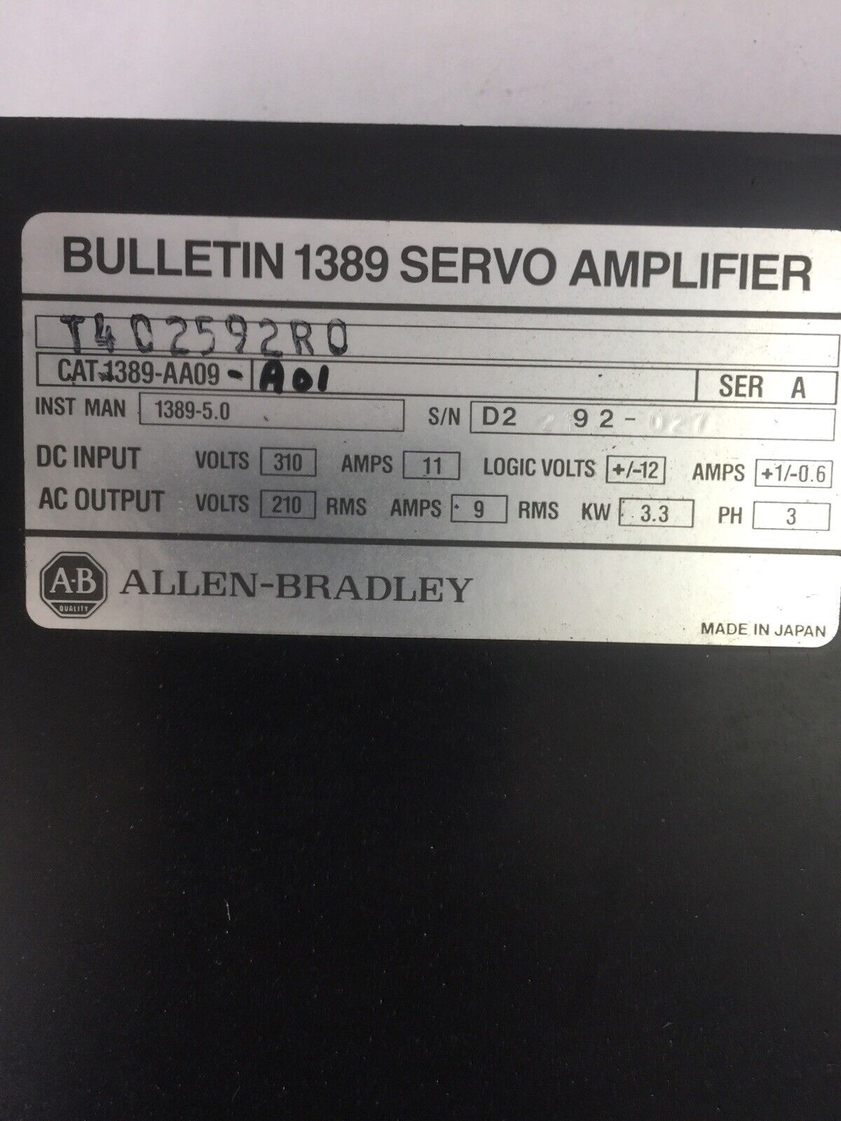 ALLEN BRADLEY 1389-AA09 SERVO AMPLIFIER SER A OUTPUT 210VAC 9A INPUT 310VDC 11A