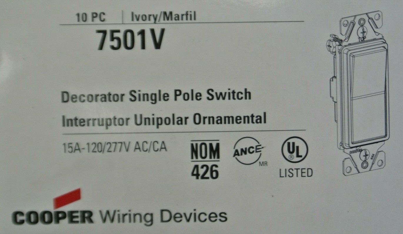 BOX of 10 / COOPER 7501V DECORATOR SINGLE POLE SWITCH / IVORY / 15A / 120/277VAC