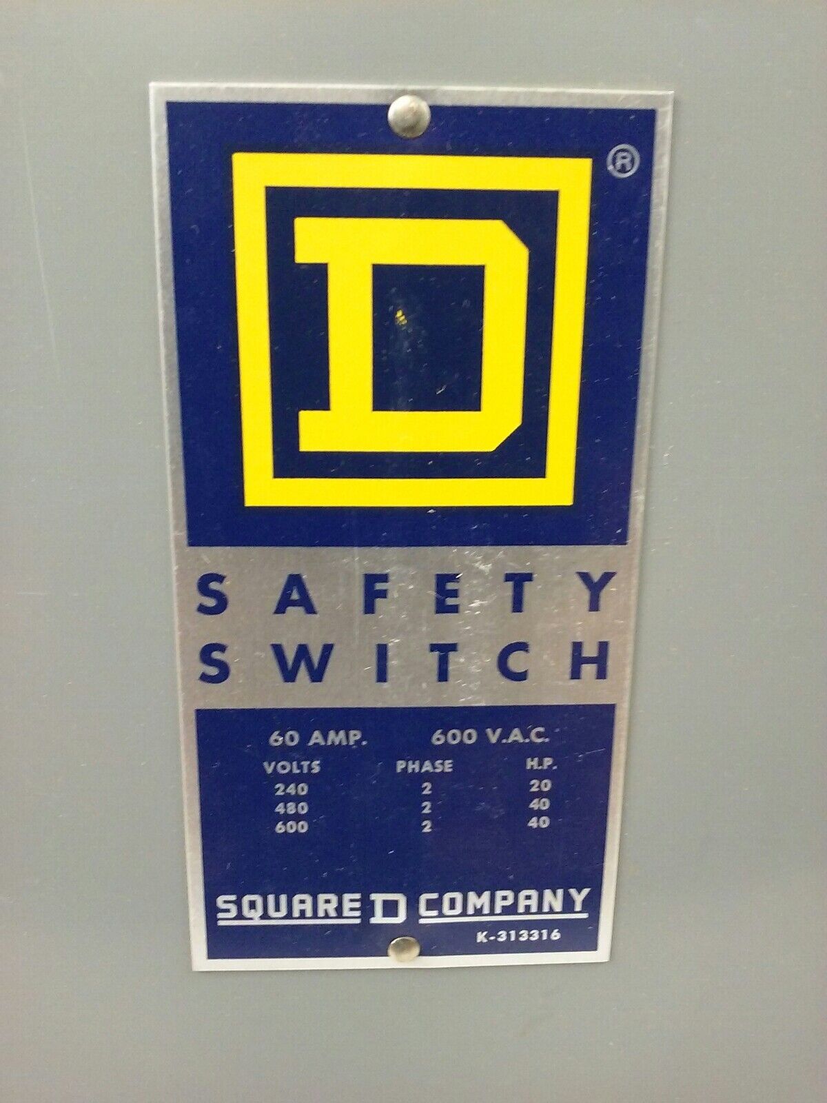 SQ. D HU462EI, SER. A1, H.D. SAFETY SWITCH, 60A, 240/480/600V, 2PH, NON FUSIBILE