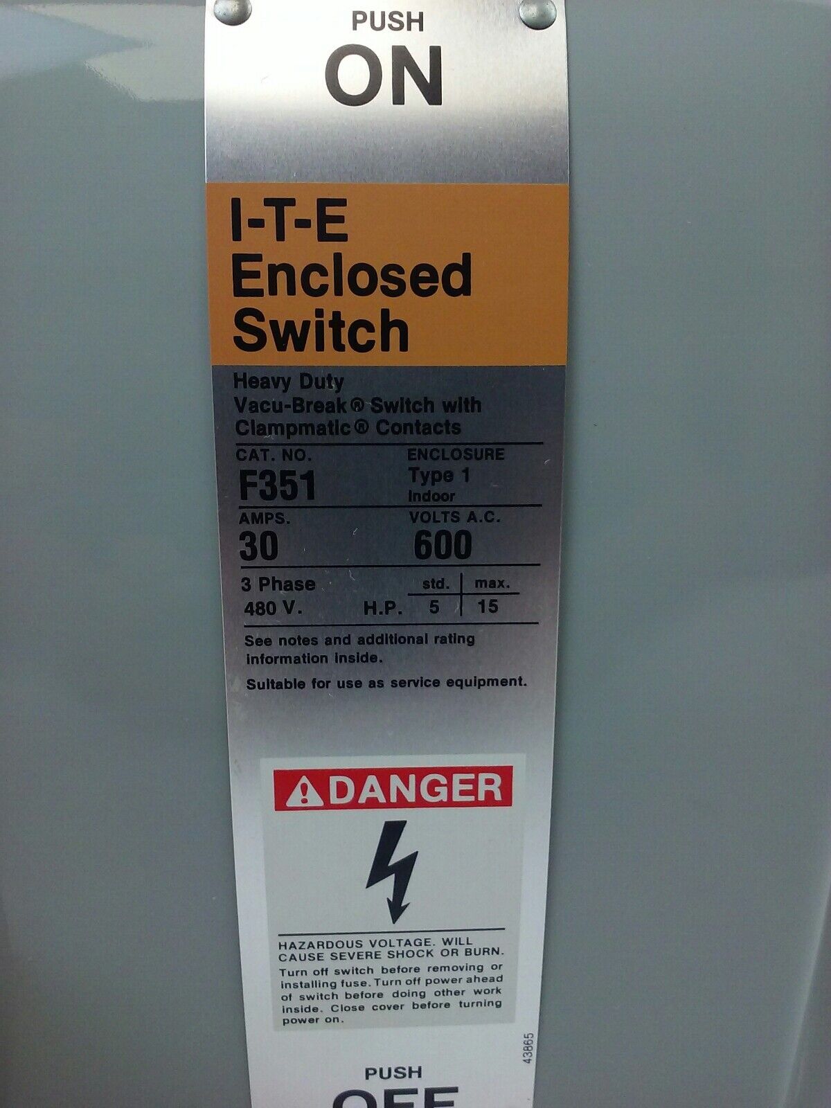 ITE SIEMENS F351, H.D. ENCLOSED SWITCH, 30A, 480/600V, 3P, FUSIBLE, 3PH, NEW