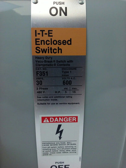 ITE SIEMENS F351, H.D. ENCLOSED SWITCH, 30A, 480/600V, 3P, FUSIBLE, 3PH, NEW