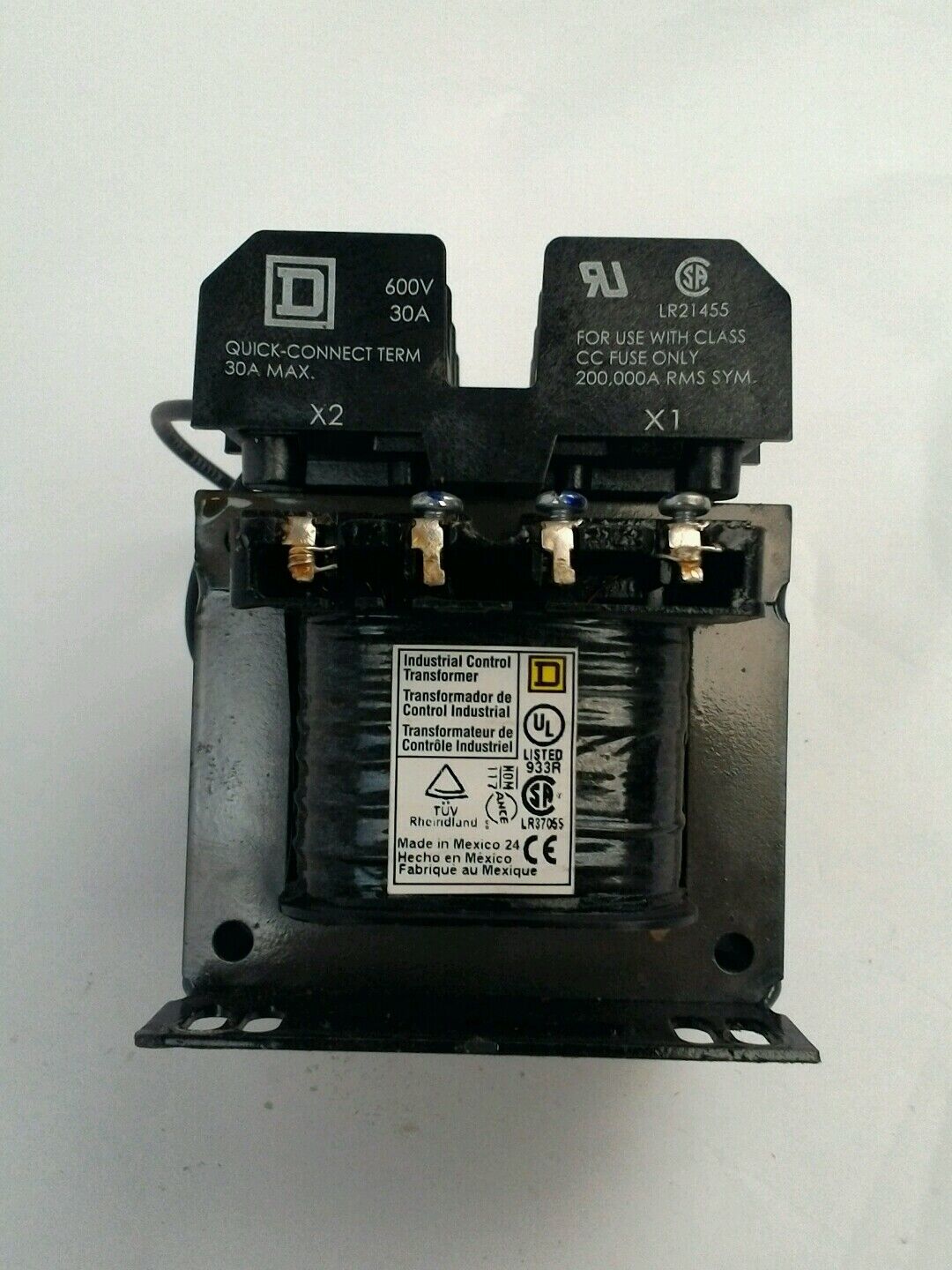 SQUARE D TRANSFORMER 9070TF100D1 W\QUICK CONNECT TERMINAL 600V 300VA 30A LR21455